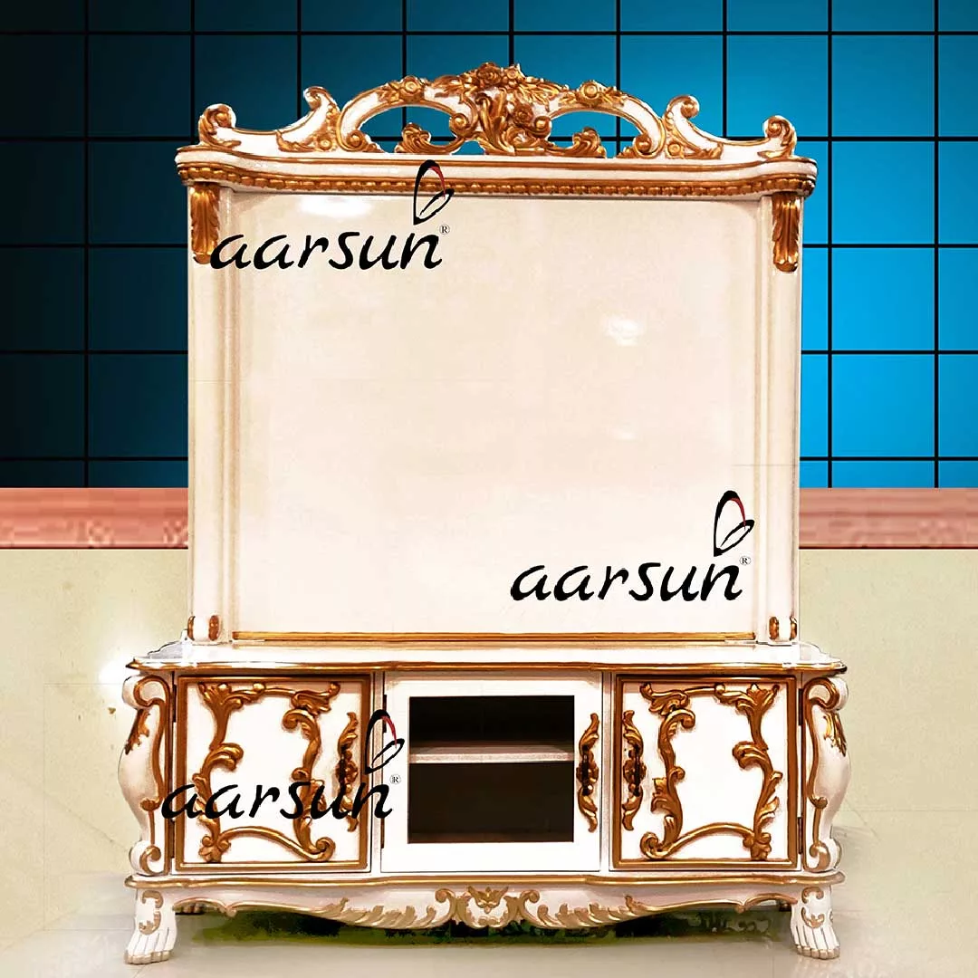 White & Gold TV Unit in Teak Wood